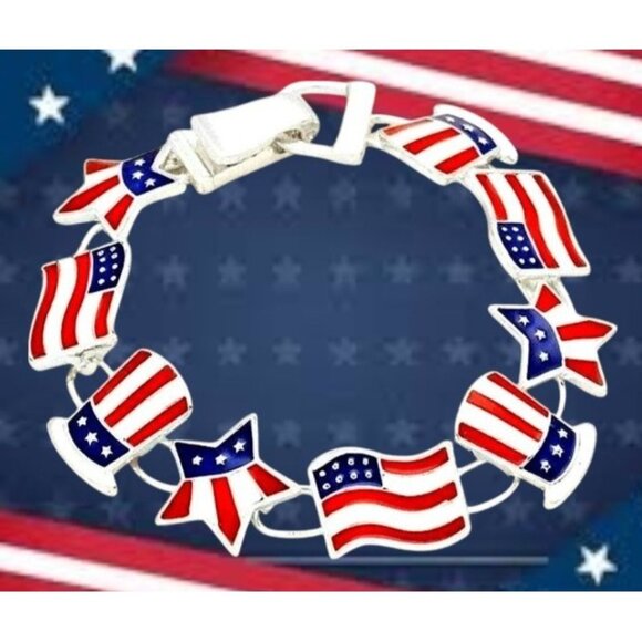Patriotic Bracelet American Flag Uncle Sam Hat Stars Magnetic Closure July 4 New - Picture 1 of 14
